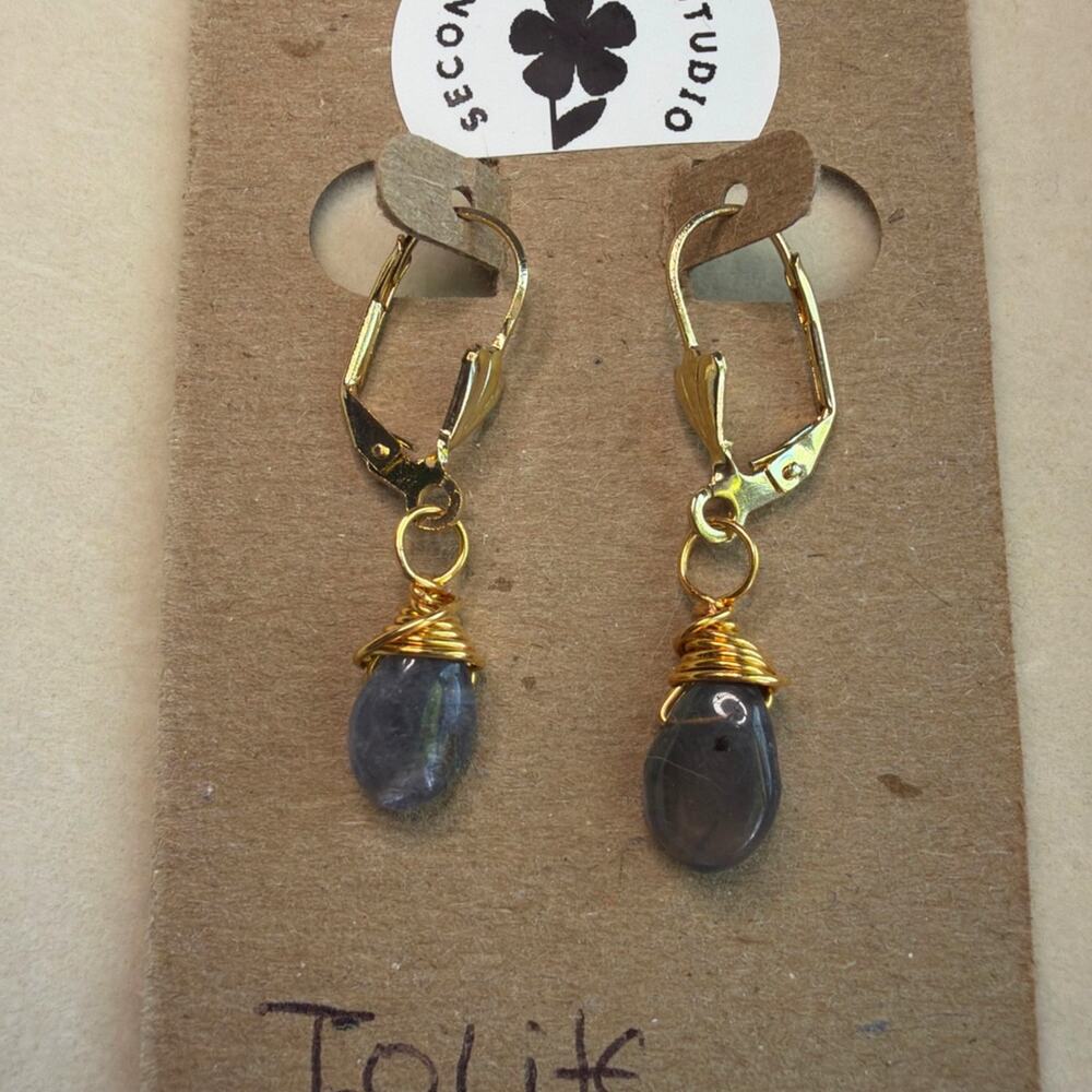 Blue Iolite Drop Earrings, Wire Wrapped, Artisan, 18K Gold Plated Leverbacks
